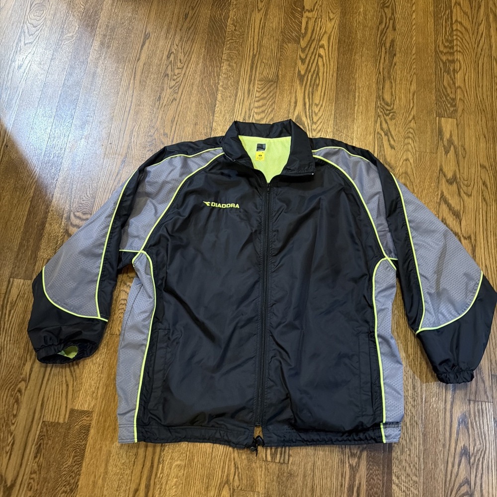 NWOT Diadora Mens Track Jacket Windbreaker Black Gray Neon Trim XL